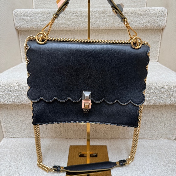 Fendi Handbags - Fendi Vitello Liberty Scalloped Studded Kan I Shoulder Bag Black